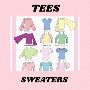 TEES TOPS TUNICS AND SWEATERS LISTED BELOW!